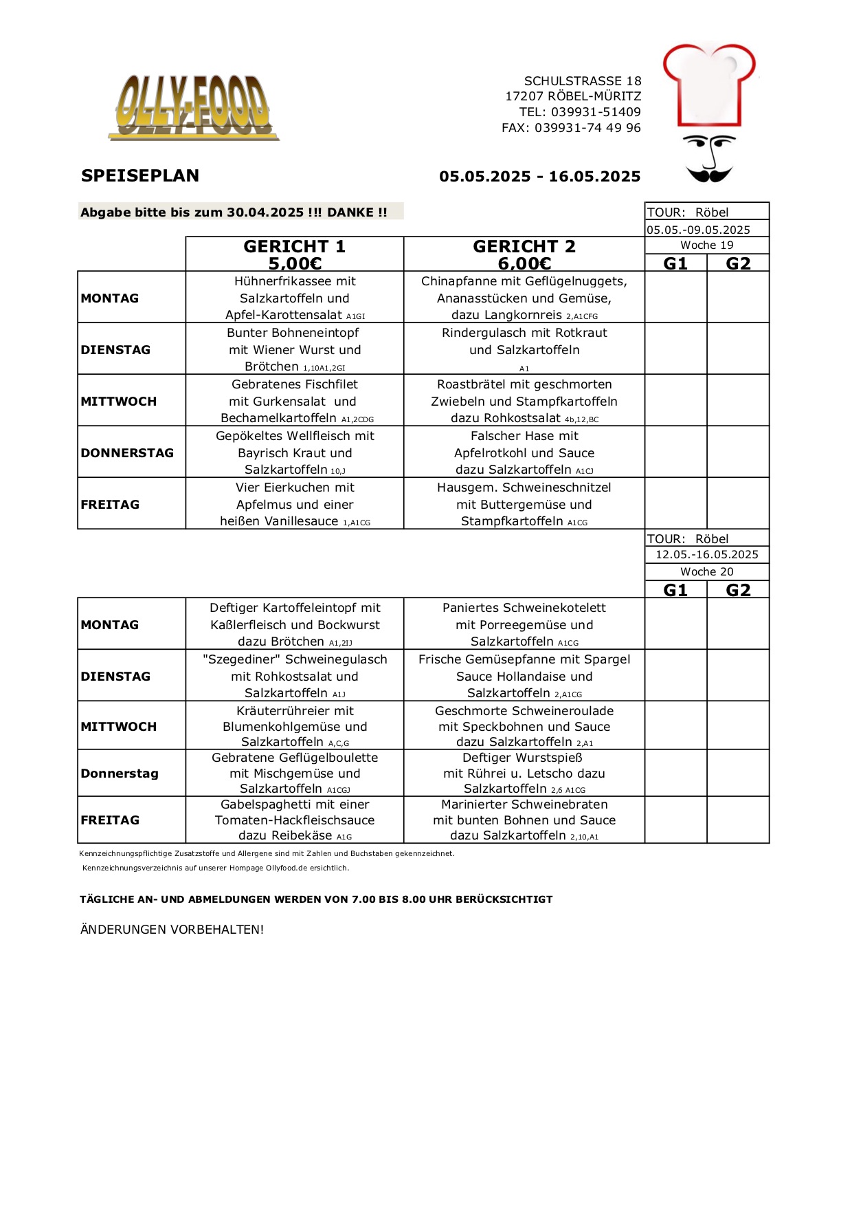 Erwachsenenspeiseplan 05.04.-16.04.25