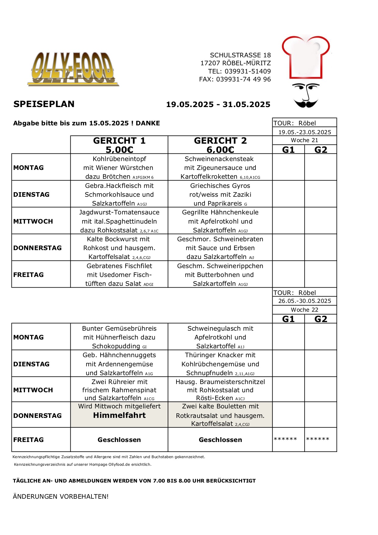 Erwachsenenspeiseplan 19.05.-30.05.25