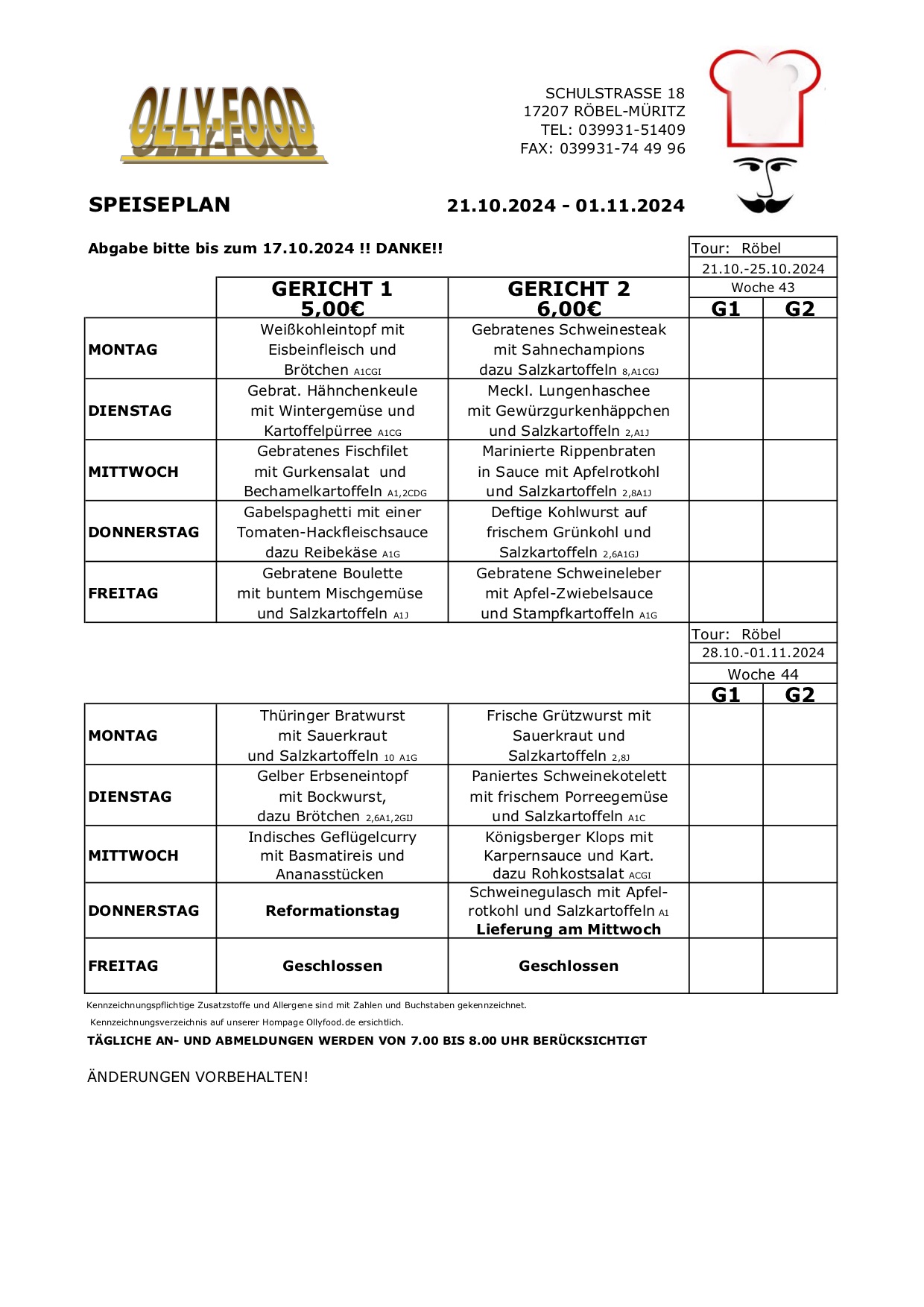 Erwachsenenspeiseplan Wo 43 +44