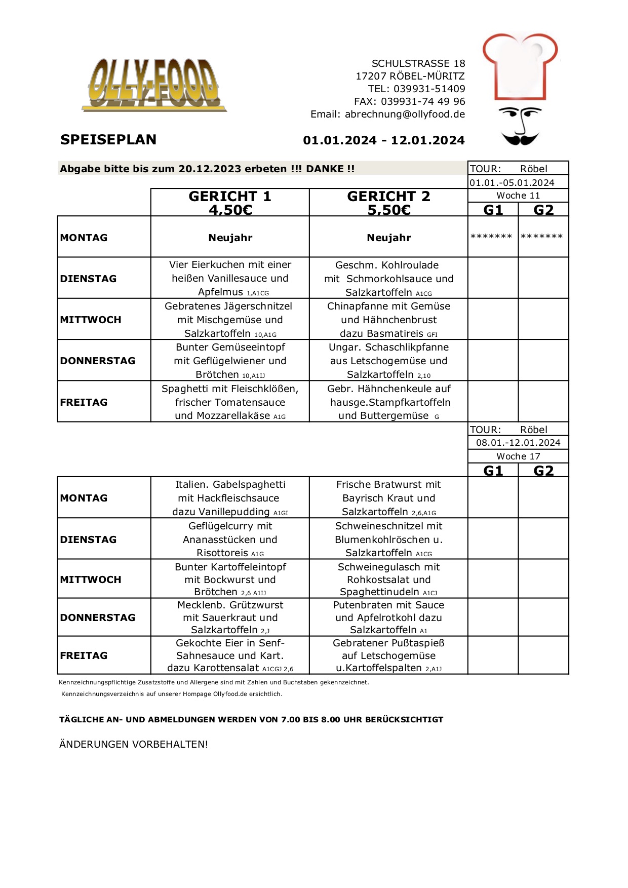 Speiseplan Erwachsen 01.01.-12.01.24